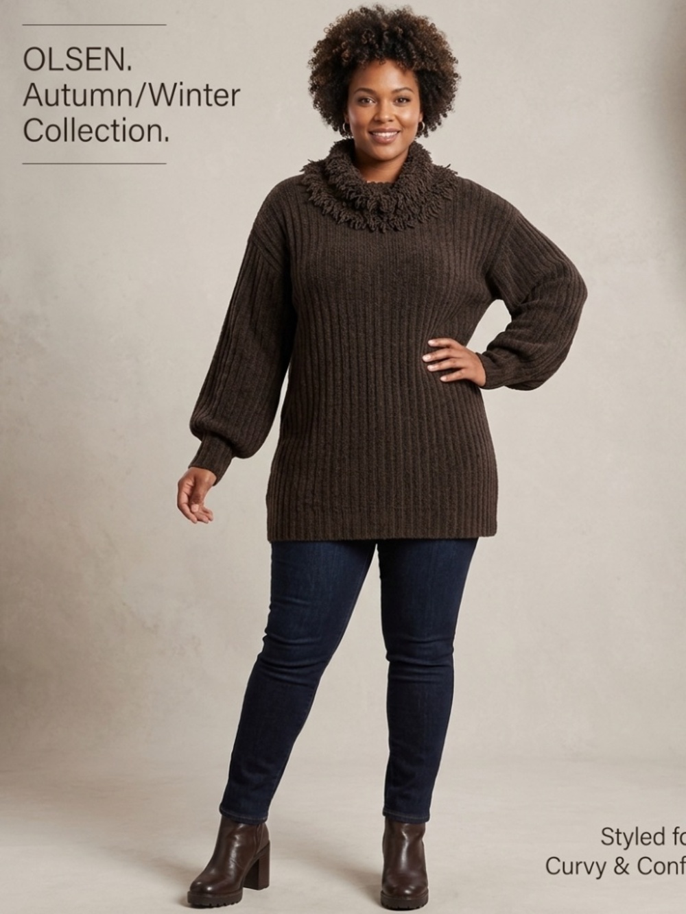 Olsen Chocolate Brown Ribbed Tunic Sweater with Fuzzy Cowl Neck